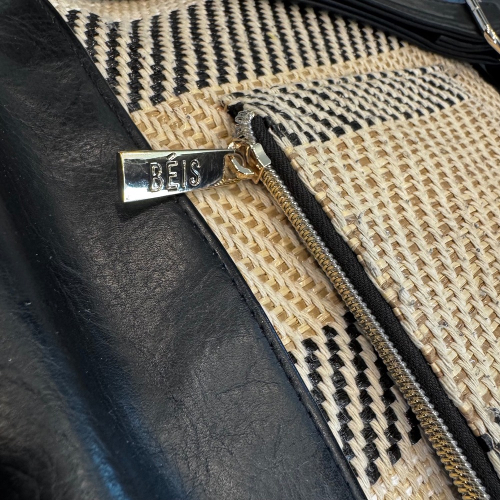 BEIS Convertible Tote Bag Black Cream Striped Faux Leather Woven Travel Handbag - Picture 7 of 16